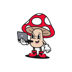 Whimsical Cartoon Mushroom Character Holding a Laptop with Red and White Spotted Cap and Red Boots...
