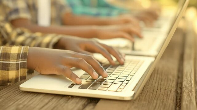 Diverse Hands Typing on Laptops in a Bright Workspace Environment Focused on Collaboration