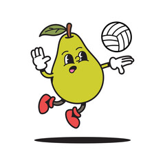 Whimsical Green Pear Character Playing Volleyball with a Volleyball in Mid Air White Background Festive Fun