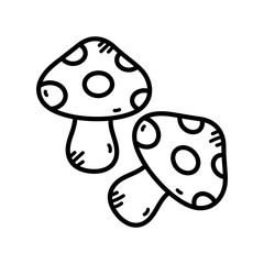 Whimsical Hand Drawn Illustration of Two Spotted Mushrooms with Black Outline on Transparent Background Simple Sketchy Style