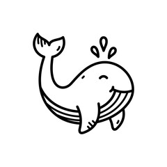 Whimsical Hand Drawn Line Art Illustration of a Happy Whale with Water Splashing Ocean Marine Life Doodle Style Transparent Background
