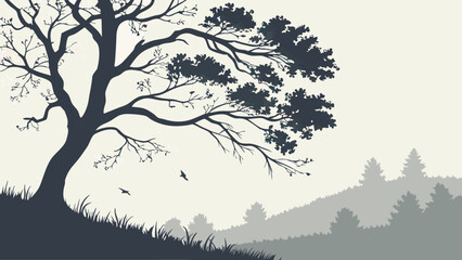Fototapeta premium Silhouette of a large tree with birds flying over a landscape illustration.