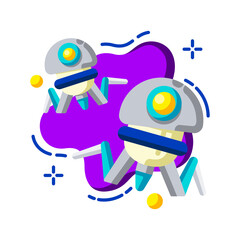Whimsical illustration of two futuristic robots with yellow eyes and blue accents on a purple splash background with sparkles and yellow spheres