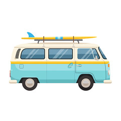 Vintage camper van with surfboards on the roof, travel and summer vacation