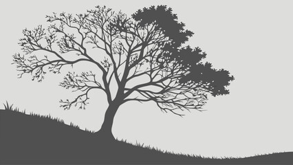 Obraz premium Silhouette of a tree on a hill nature illustration graphic design element.