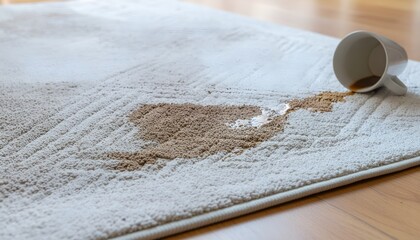 a white carpet on floor with coffee spilled on it, space for copy