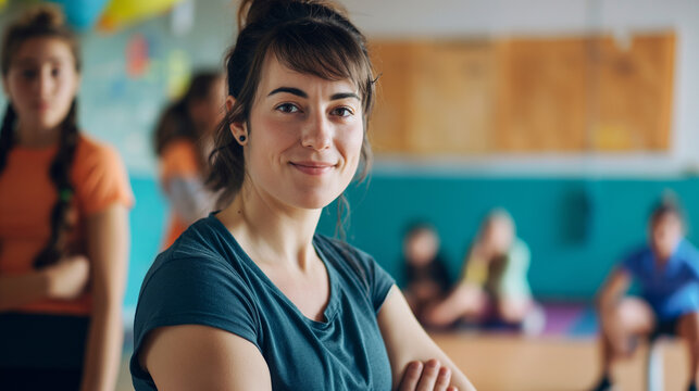 Treinadora Jovem e Feliz Durante Aula de Educa&ccedil;&atilde;o F&iacute;sica na Escola