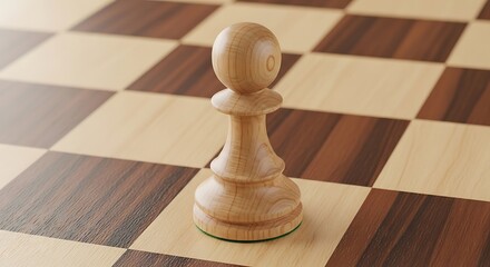 Wooden pawn chess piece sitting centrally on a dark checkered surface