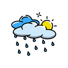 Pixel Art Style Drawing of Rain Falling from Clouds with a Bright Yellow Sun Shining Through in a Simple Style on a Transparent Background