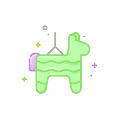 Pixel Art Style Green Donkey Shaped Pinata Hanging with Colorful Confetti Sparkles on a Transparent Background Celebration Element