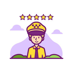 Pixel Art Taxi Driver Wearing Yellow Uniform and Cap with Five Star Rating Overhead in Soft Purple Landscape Illustration