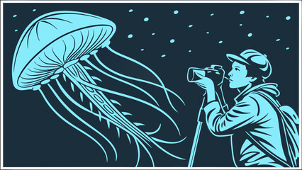 Stylized illustration of a photographer capturing a jellyfish underwater vector art graphic design.