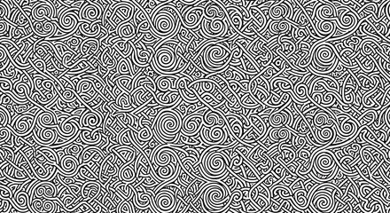 Intricate intertwined lines form a complex and hypnotic monochrome pattern creating visual complexity and depth for