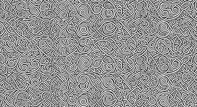 Intricate intertwined lines form a complex and hypnotic monochrome pattern creating visual complexity and depth for