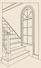 Interior Design Wooden Staircase with Arch Window Home Decor Architectural Drawing Line Art House Plan Residential Upstairs Downstairs Steps Railing Newel Post Banister Interior Arch.
