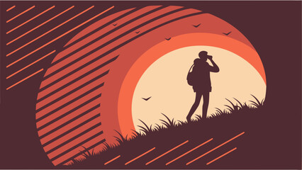 Fototapeta premium Sunset Silhouette of a Traveler with Backpack Admiring the View Vector Illustration Minimalist Design Warm Colors Graphic Art Nature Scene Travel Poster Adventure Background.