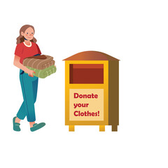 Woman in Red Shirt and Blue Pants Carrying Stack of Clothes to Donation Bin With Text Donate Your Clothes On A Transparent Background