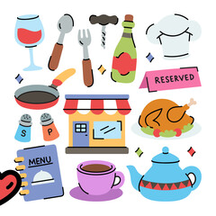 Whimsical Retro Food Restaurant Elements Including A Roasted Chicken A Wine Glass A Teapot A Coffee Cup A Frying Pan And A Menu For A Charming Eatery
