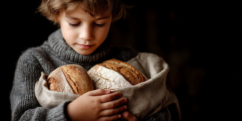 Child embracing bread community kitchen food security challenges indoor setting close-up view promoting awareness
