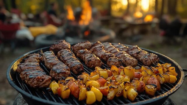 Barbecue grill with sizzling meat and vegetables, perfect for outdoor gatherings