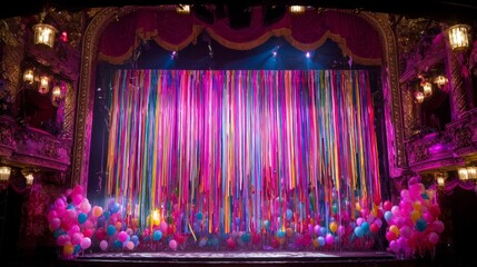 audience. Empty historic theater stage with grand curtain partially open. event programs, museum guides, designed for cultural heritage projects and event programs, preserves heritage.
