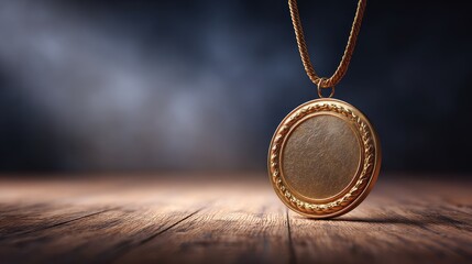 Elegant Gold Medal Hanging on a Rope Necklace with Soft Lighting Displaying a Textured Surface Against a Dark Blue Background to Showcase Achievement and Success