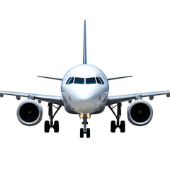 Fototapeta premium Direct head-on view of a commercial jet airliner against a plain black background, centered