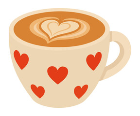 Cute coffee cup with red hearts and heart-shaped latte art illustration isolated on white background. Perfect for cafe designs, Valentines Day art, stickers and cozy coffee design.