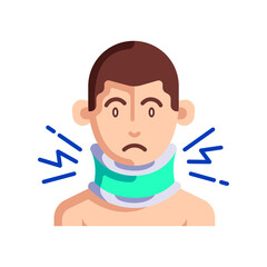 Pixelated Illustration of a Man Wearing a Teal and White Cervical Collar with Blue Lightning Bolt Symbols Indicating Pain on a Transparent Background
