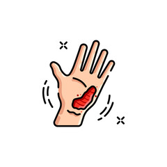 Obraz premium Pixelated Illustration of a Human Hand Showing an Injury on the Palm Against a White Background