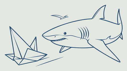 Fototapeta premium Cartoon shark illustration origami boat ocean animal sea creature marine life predator aquatic wildlife vector art line art graphic design simple design minimalist art illustration de.