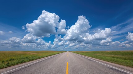 Fototapeta premium Expansive Roadway Under a Vast Blue Sky with Fluffy Clouds Above, Capturing the Essence of Freedom and Adventure in a Serene Landscape
