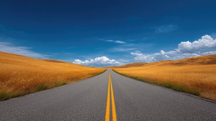Endless Highway with Golden Fields Under Bright Blue Sky and Fluffy White Clouds in a Scenic Rural Landscape