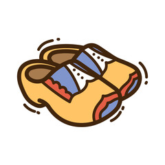 Yellow Dutch Wooden Clogs with Blue and Red Accents Doodle Style Illustration with Brown Outline and Dotted Motion Effect on Transparent Background