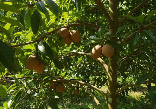 Sapodilla Tree with Ripe Brown Fruits in Tropical Orchard