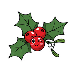 Cartoon Holly Berries with Winking Face and Mistletoe Sprig Illustration