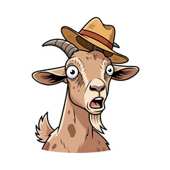 Cartoon goat with wide eyes and open mouth wearing a straw hat