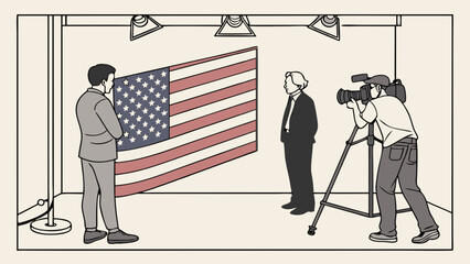 Obraz premium Studio Interview with National Flag Backdrop Professional Filming and Photography.