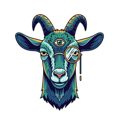 Teal Goat Head with Third Eye and Gold Monocle Illustration