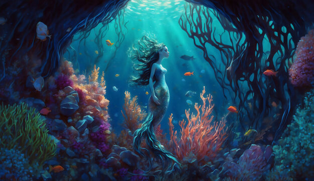 A captivating illustration of a mermaid in a vibrant underwater scene, surrounded by coral reefs and aquatic life. The mermaid has long flowing hair