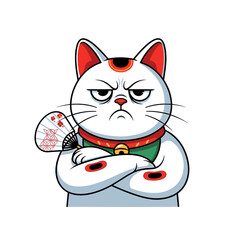 Disgruntled Maneki Neko with Folded Arms and Decorative Fan