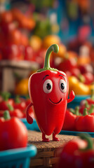 Cheerful 3D Cartoon Red Bell Pepper with a Happy Expression Standing on a Woven Surface in a Market with Other Vegetables, Playful, Vibrant Scene with Copy Space and 9:16 Aspect Ratio