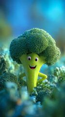 Smiling 3D Cartoon Broccoli Character with Happy Expression Surrounded by Broccoli Florets. Playful, Vibrant, and Cheerful Scene with Copy Space with 9:16 Aspect Ratio