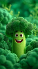 Smiling 3D Cartoon Broccoli Character with Big Expressive Eyes, Arms, and Legs Standing in a Lush Field of Broccoli Plants — Cheerful, Playful, and Whimsical Scene with Copy Space, 9:16 Aspect Ratio 