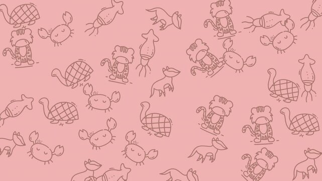 Playful Cartoon Sea Animals and Mammal Doodles Seamless Pattern, Pink Background