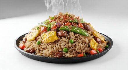 Steaming Hot Fried Rice with Beef, Vegetables, and Crispy Onions