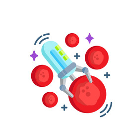 Pixelated Robotic Arm Manipulating Red Blood Cells Against Transparent White Background With Sparkles And Plus Signs