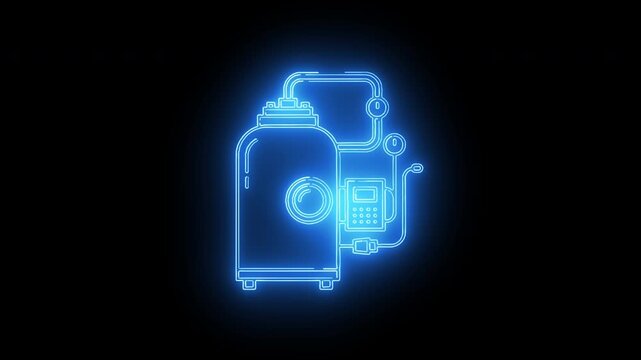 Glowing blue neon clamp meter illustration for measuring electric current and diagnostic tool in engineering systems