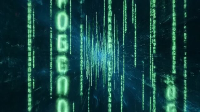 Immersive perspective moving through a futuristic tunnel of cascading green computer code and digital data streams