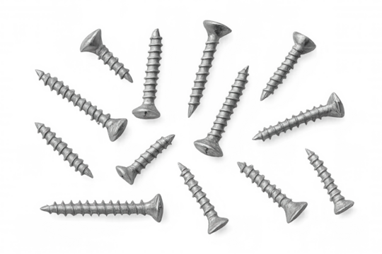 Stainless steel metal screws fasteners for construction, woodworking, and diy projects, transparent background cutout